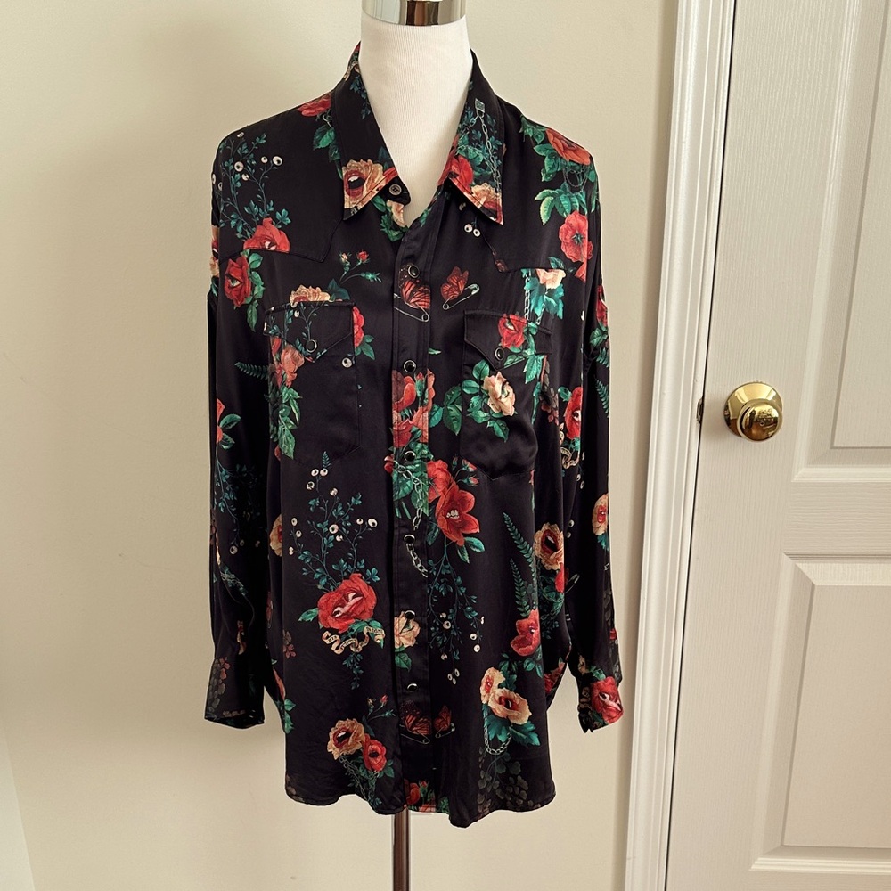 Women's R13 Black Floral Oversized Silk Shirt. Size XS